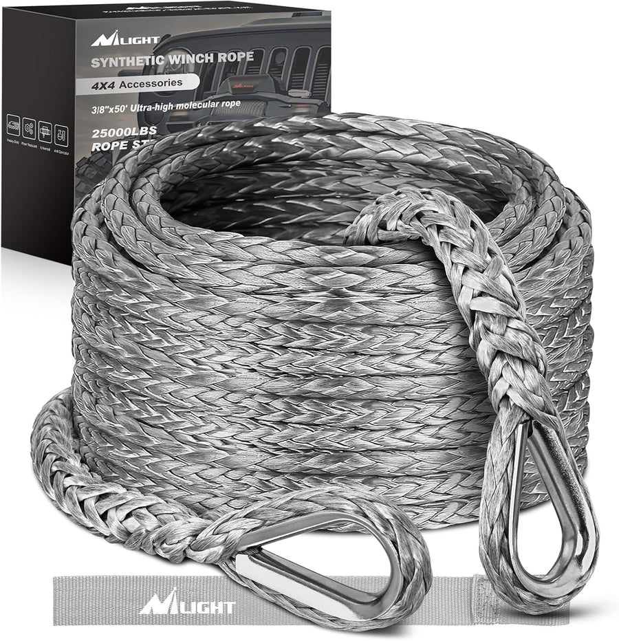 Nilight Synthetic Winch Rope Extension 3/8 Inch x 50 Feet 25,000 Lbs ATV Winch Extension Cable Replacement Tow Ropes Line for Off Road Vehicle Polaris ATV UTV Truck SUV Jeep, Grey
