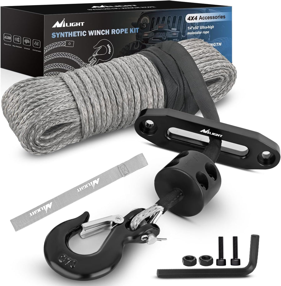 Nilight Synthetic Winch Rope Kit, 1/4 Inch x 50 Feet Winch Line Cable for ATV UTV Offroad, 10000 lbs Gray Winch Cable Ropes with Winch Fairlead+ Forged 35000lb Winch Hook+ Rubber Stopper Safety Strap