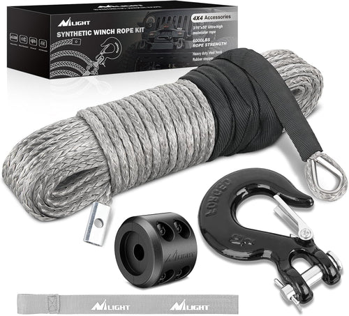 Nilight Synthetic Winch Rope Kit 3/16 Inch x 50 Feet - 6000 lbs Cable Line With Protective Sleeve, 13500 lbs Hook, Stopper for 4WD Off Road Vehicle UTV ATV SUV Truck, Grey