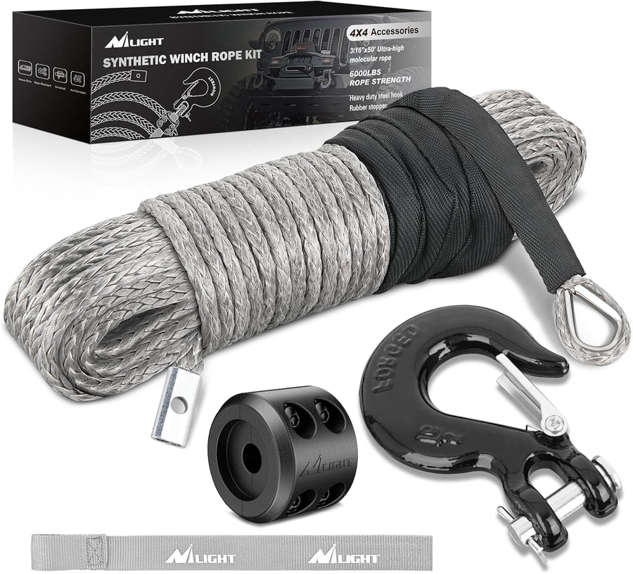 Nilight Synthetic Winch Rope Kit 3/16 Inch x 50 Feet - 6000 lbs Cable Line With Protective Sleeve, 13500 lbs Hook, Stopper for 4WD Off Road Vehicle UTV ATV SUV Truck, Grey