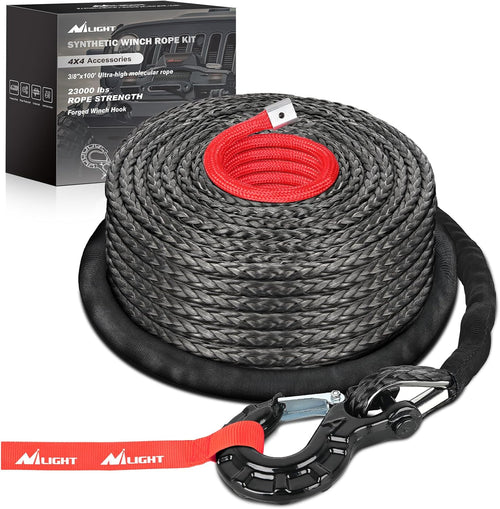 Nilight Synthetic Winch Rope Kit 3/8 Inch X 100' 25000 lbs with Red Jacket Rope Protective Sleeve Forged 35000lb Winch Hook Safety Strap Winch Cable Line for Off Road Vehicle Recovery Truck SUV, Black