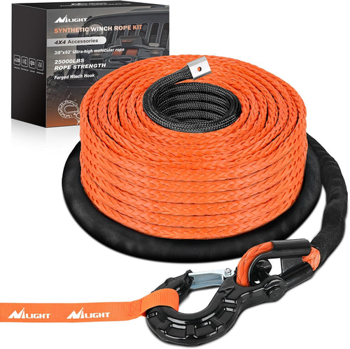 Nilight Synthetic Winch Rope Kit 3/8 Inch X 92 Inch 25000 lb with Black Jacket Rope Protective Sleeve Forged 35000lb Winch Hook Safety Strap Winch Cable Line for OffRoad Vehicle Recovery Truck SUV ATV, Orange