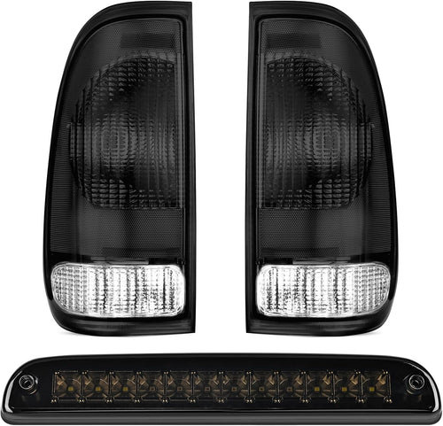 Nilight Tail light + 3rd Third Brake Light Assembly Compatible with 1999 2000 2001 2002 2003 2004 2005 2006 2007 F250 F350 F450 F550 Super Duty Smoke Taillight with High Mount Brake Rear Cargo Lamp