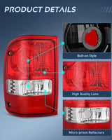 Nilight Taillight Assembly Compatible with 2001 2002 2003 2004 2005 2006 2007 2008 2009 2010 2011 Ford Ranger without STX Model Rear Lamp OE Style Driver and Passenger Side Red Lens, view 6
