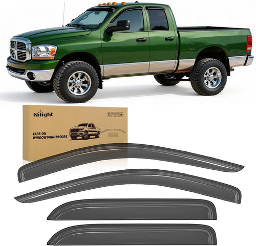 Nilight Tape-On Rain Guards for Dodge Ram 1500 Quad Cab 2002-2008, 4PCS | Out-Channel Smoke Window Visors, Helps Vent Fresh Air in Rainy Weather, Fits Dodge Ram 2500/3500 Quad Cab 2003-2009