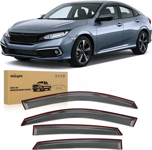 Nilight Tape-On Rain Guards for Honda Civic Sedan 2016-2021, 4PCS | Not for Hatchback, Side Window Visors for Fresh Air Circulation, Civic Sedan 2016 2017 2018 2019 2020 2021, Smoke Tinted
