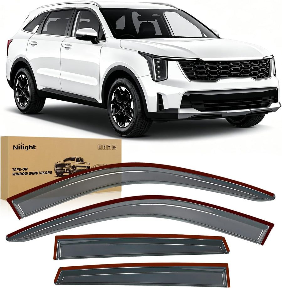 Nilight Tape-On Rain Guards for Kia Sorento 2021-2025, Dark Smoke Tinted Out-Channel Window Visors, Vent Deflectors for Fresh Air, Rain & Wind Protection, 4PCS