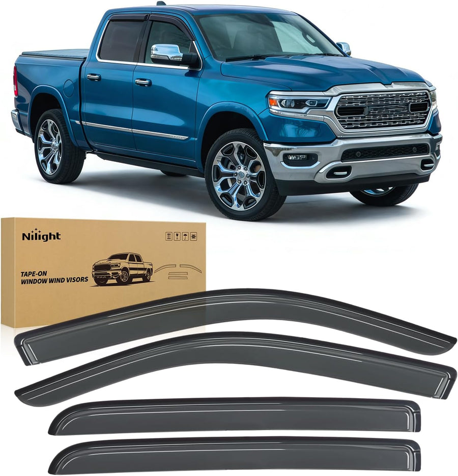 Nilight Tape-On Window Visors for 2019-2024 Ram 1500 Classic Crew Cab | For 2009-2018 Ram 1500 Crew Cab, 2010-2025 Ram 2500 3500 Crew Cab & Mega Cab, Outside Mount Rain Guards Vent Visors, 4PCS