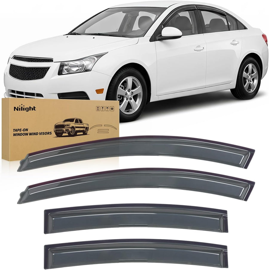 Nilight Tape-On Window Visors for Chevy Cruze Sedan 2011-2015, Rain Guards Wind Deflectors Vent Shades, Smoke Sun Rain Guard, 4PCS