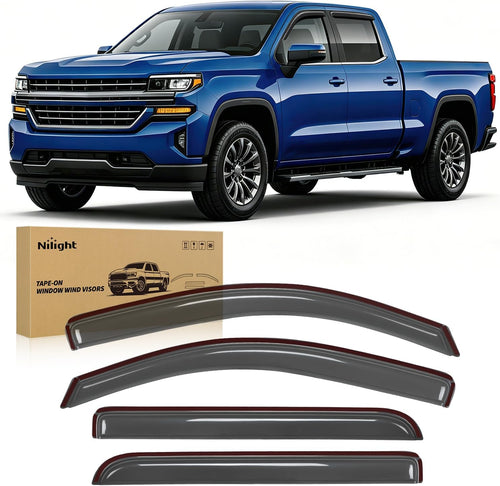 Nilight Tape-On Window Visors for Chevy Silverado 1500/GMC Sierra 1500 Crew Cab 2014-2018 Rain Guards Wind Deflectors Vent Shades, Smoke Sun Rain Guard, 4PCS