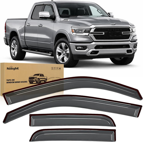 Nilight Tape on Window Visors for Dodge Ram 1500 Quad Cab 2019-2026, 4PCS | For New Body Quad Cab Only, Not for Crew Cab or Classic, Outside-Mount Rain Guards for Fresh Air Circulation, Smoke Tinted