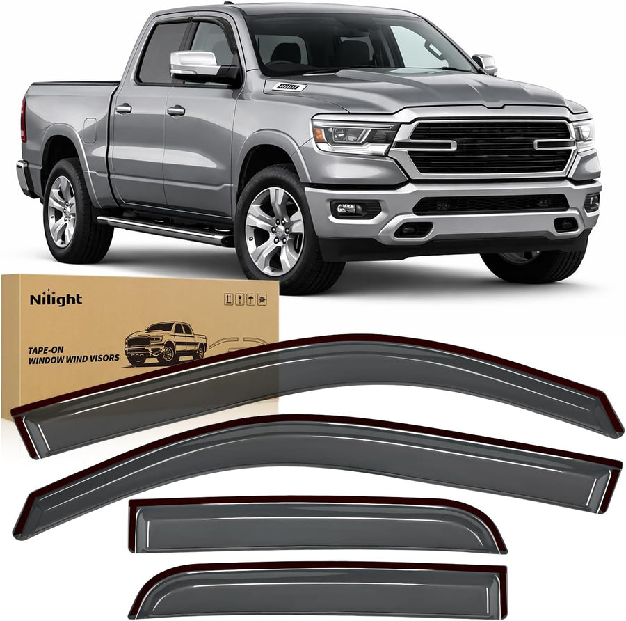 Nilight Tape on Window Visors for Dodge Ram 1500 Quad Cab 2019-2026, 4PCS | For New Body Quad Cab Only, Not for Crew Cab or Classic, Outside-Mount Rain Guards for Fresh Air Circulation, Smoke Tinted