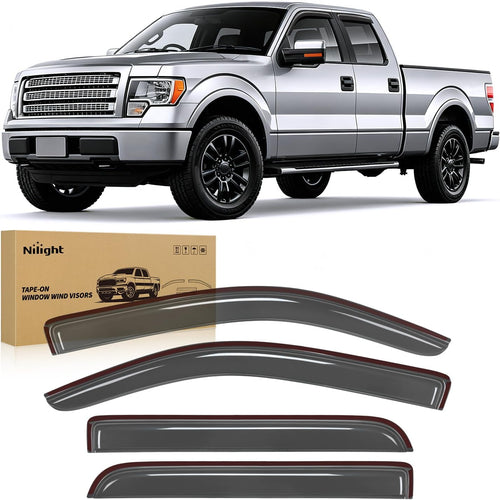 Nilight Tape-On Window Visors for Ford F150 Crew Cab 2009-2014 Rain Guards Wind Deflectors Vent Shades, Smoke Sun Rain Guard, 4PCS
