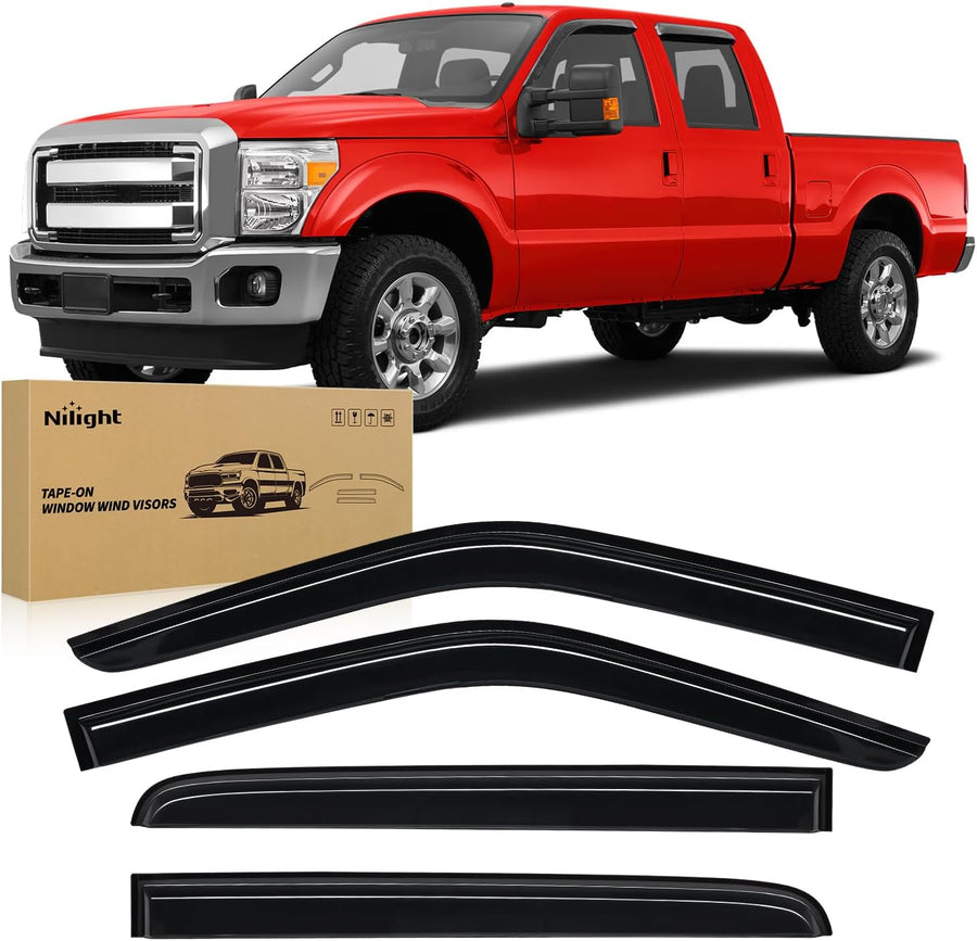 Nilight Tape-On Window Visors for Ford F250 Crew Cab 1999-2016, 4PCS | Fits 1999-2016 Ford F250 F350 F450 F550 Super Duty Crew Cab, Smoke Out-Channel Rain Guards for Long-Haul Driving