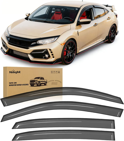 Nilight Tape-On Window Visors for Honda Civic Hatchback 2016-2021, 4PCS | Out-Channel Smoke Rain Guards, Helps Reduce Wind Noise, Fits Honda Civic Hatchback 2016 2017 2018 2019 2020 2021