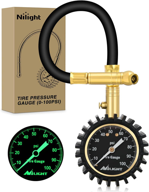 Nilight Tire Pressure Gauge 100PSI Heavy Duty Large 2 Inch Glow Dial ANSI B40.1 Certified Air Chucks Accurate Reading with Extended Hose for Truck Semi Truck ATV Motorhome Cars & RV Accessories