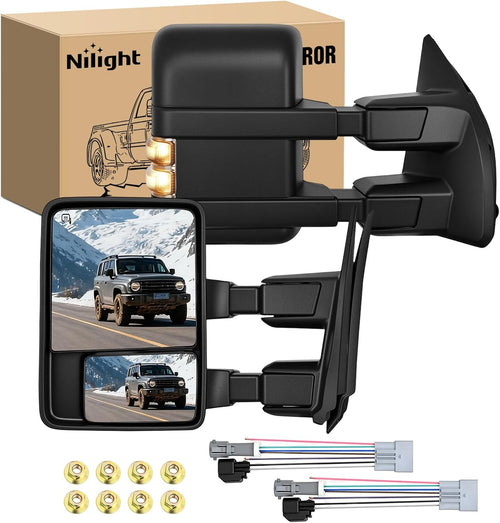 Nilight Towing Rear View Assembly Turn Signal Puddle Lights Power Heated Adjustable Reflector Lens Manual Telescoping Folding Compatible With 1999-2007 Ford F250 F350 F450 F550 Super Duty