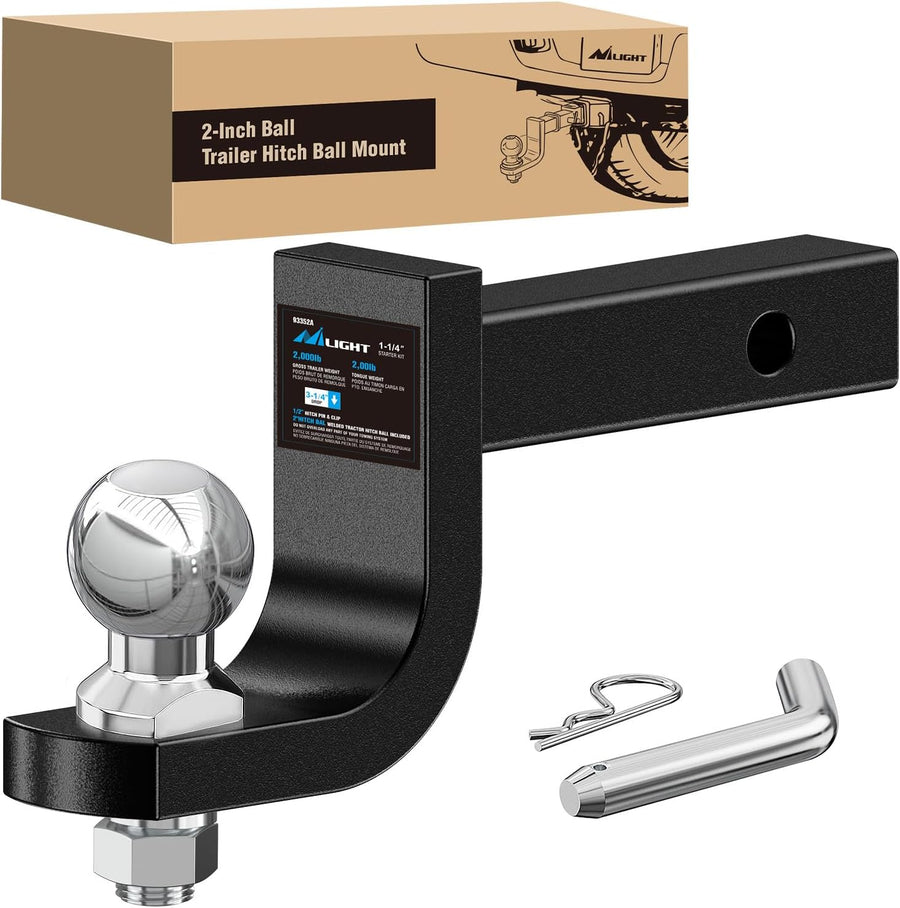 Nilight Trailer Hitch Ball Mount with 2-Inch Ball Fits 1-1/4 Inch Receiver | with 1/2 Inch Hitch Pin Clip 2000 lbs 3-1/4 InchDrop Gloss Black Powder Coat