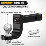 Nilight Trailer Hitch Ball Mount with 2-Inch Ball Fits 1-1/4 Inch Receiver | with 1/2 Inch Hitch Pin Clip 2000 lbs 3-1/4 InchDrop Gloss Black Powder Coat, view 4