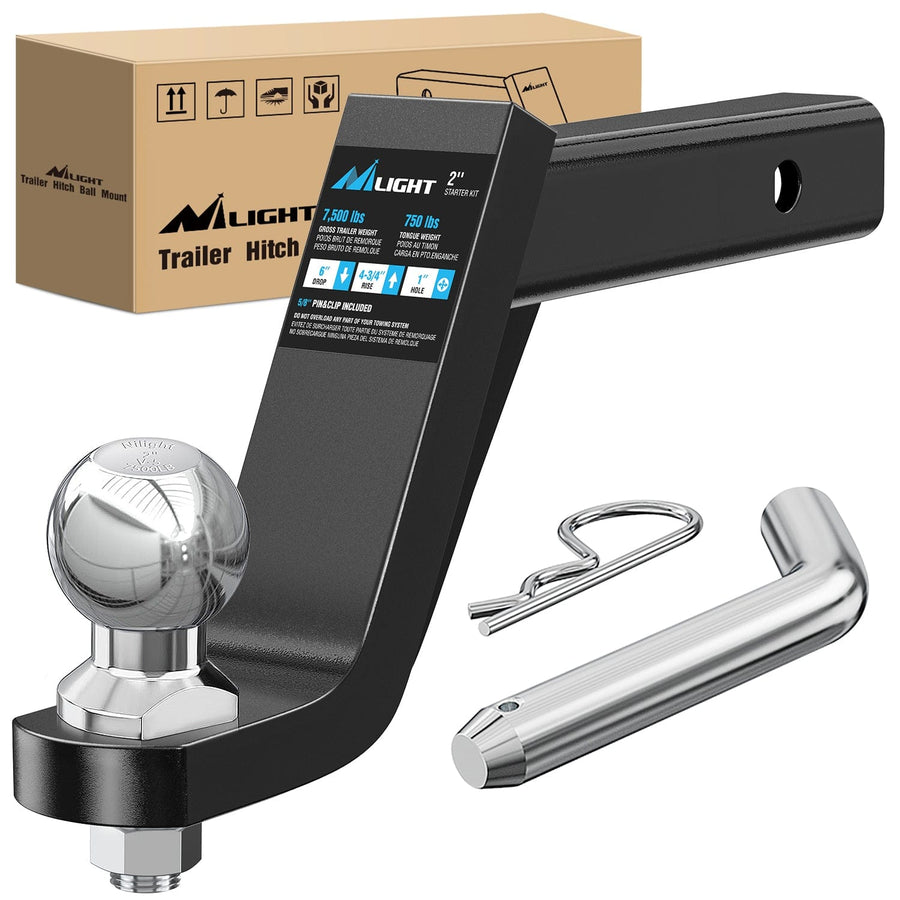 Nilight Trailer Hitch Ball Mount 2In Trailer Ball 5/8In Hitch Pin Clip Fits 2Inch Receiver Square 7500 lbs 6In Drop, 4-3/4In Rise, 1¡± Hole, Gloss Black Powder Coat
