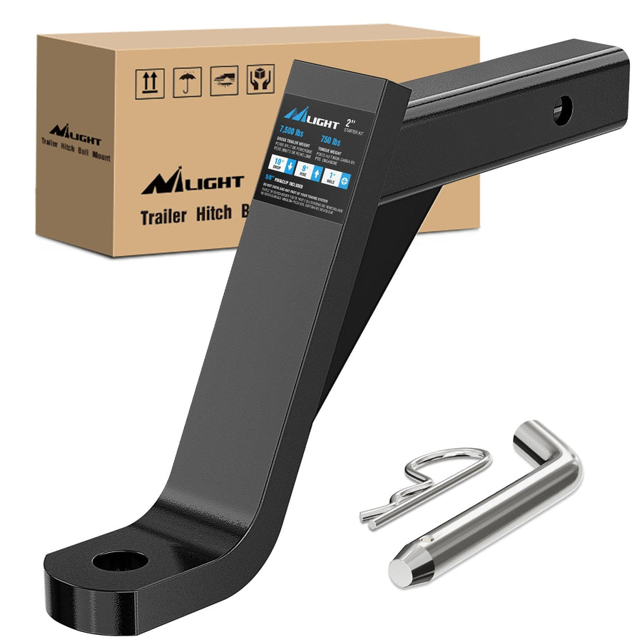 Nilight Trailer Hitch Ball Mount with 5/8 Inch Hitch Pin Clip Fits 2 Inch Receiver Square 7500 lbs 10 Inch Drop 9 Inch Rise 1 Inch Hole Gloss Black Powder Coat