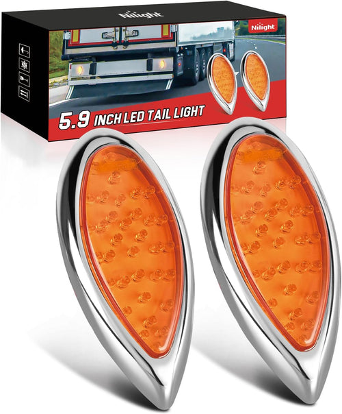 Nilight Trailer Tail Light 2PCS 5.9Inch Teardrop 35 LED Amber Chrome Bezel Marker Clearance Brake Turn Signal Running Taillight IP67 Waterproof for Trailer Truck Pickup Camper RV