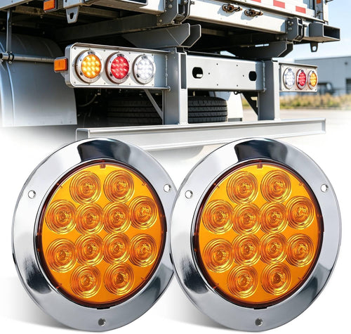 Nilight Trailer Tail Lights 2PCS 4Inch Round 12LED Amber Chrome Frame | IP67 Waterproof Marker Clearance Turn Signal Running Taillights for Trailer Truck Pickup Camper RV