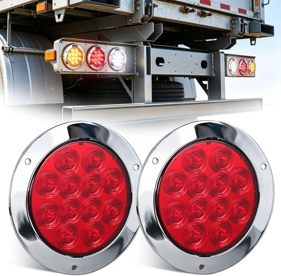 Nilight Trailer Tail Lights 2PCS 4Inch Round 12LED Red Chrome Frame | IP67 Waterproof Marker Clearance Stop Brake Running Taillights for Trailer Truck Pickup Camper RV