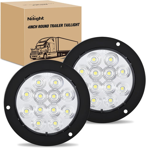 Nilight Trailer Tail Lights 2PCS 4Inch Round 12LED White Backup | IP67 Waterproof Screw Mount Marker Clearance Reverse Running Taillights for Trailer Truck Pickup Camper RV