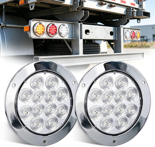 Nilight Trailer Tail Lights 2PCS 4Inch Round 12LED White Chrome Frame | IP67 Waterproof Marker Clearance Reverse Backup Running Taillights for Trailer Truck Pickup Camper RV