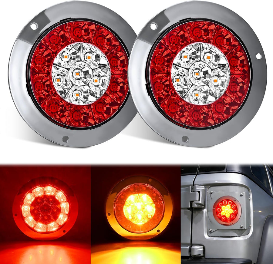 Nilight Trailer Tail Lights 2PCS 4Inch Round 16LED Red Amber Chrome | Frame Marker Clearance Stop Brake Turn Signal Running Taillights IP67 Waterproof for Trailer Truck Pickup Camper RV