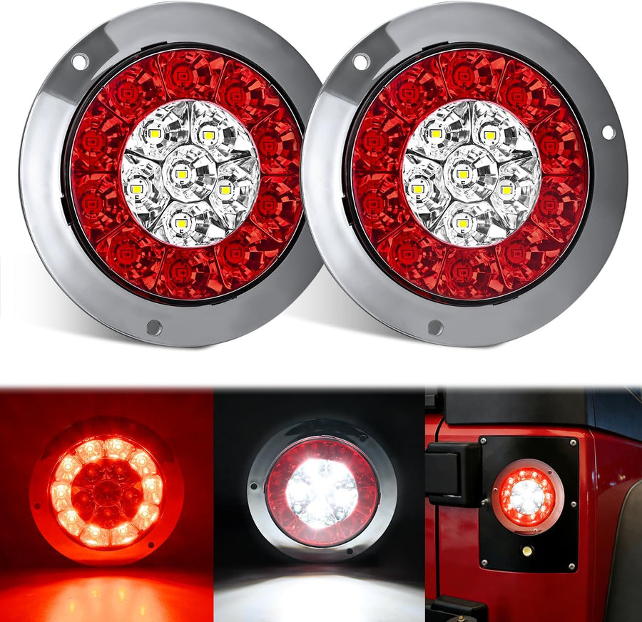 Nilight Trailer Tail Lights 2PCS 4Inch Round 16LED Red White Chrome | Frame Marker Clearance Stop Brake Reverse Backup Running Taillights IP67 Waterproof for Trailer Truck Pickup Camper RV