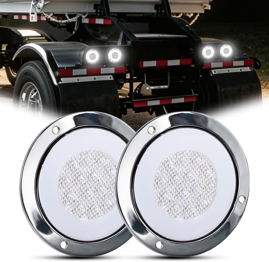 Nilight Trailer Tail Lights 2PCS 4Inch Round 32LED White Halo Chrome | Plated Frame Grommet IP67 Waterproof Marker Clearance Stop Brake Turn Running Taillights for Trailer Truck Pickup Camper RV
