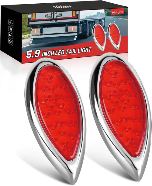 Nilight Trailer Tail Lights 2PCS 5.9Inch Teardrop 35LED Red Chrome | Bezel Marker Clearance Stop Brake Turn Signal Running Taillights IP67 Waterproof for Trailer Truck Pickup Camper RV