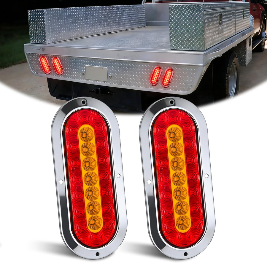 Nilight Trailer Tail Lights 2PCS 6Inch Oval 23LED Red Amber Chrome | Frame Marker Clearance Stop Brake Turn Signal Running Taillights IP67 Waterproof for Trailer Truck Pickup Camper RV
