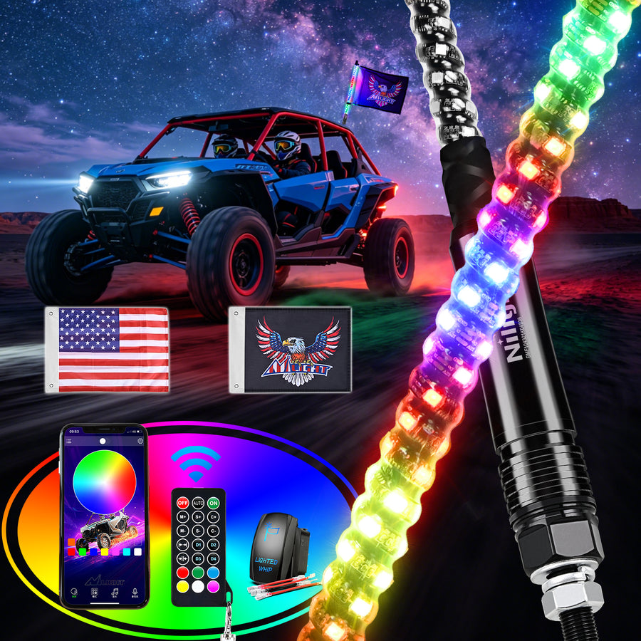 Nilight RGB Whip Light 1PC 2FT Lighted Antenna Whips with Remote & App Control DIY Chasing Patterns Brake Reverse Lights for ATV UTV Polaris RZR Can-am Dune Buggy Pickup Trucks Jeep
