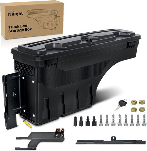 Nilight Truck Bed Tool Box Left Drivers Side Truck Tool Box Fit for Ford F-150 2015-2021 ABS Swing Case Truck Bed Storage Box with Lockable Lid Waterproof Wheel Well Toolbox Black
