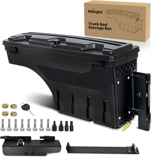 Nilight Truck Bed Tool Box Right Passenger Side Truck Tool Box Fit for Ford F-250/350 Super Duty 1999-2016 ABS Swing Case Truck Bed Storage Box with Lockable Lid Waterproof Wheel Well Toolbox Balck