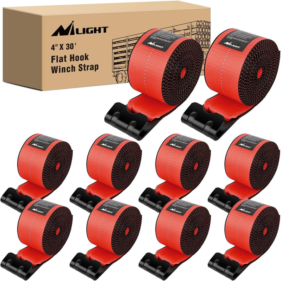 Nilight Truck Straps 4 Inch x 30' Heavy Duty Tie Down with Flat Hooks | 16800LBS Break Strength & 5400LBS WLL for Flatbed Trailer Cargo Control Recovery Tree Saver 10 Pack Red