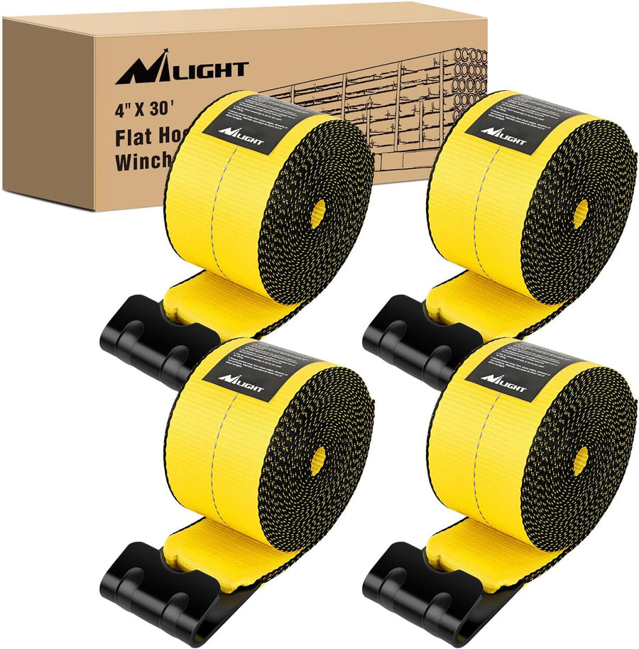 Nilight Truck Straps 4 Inch x 30' Heavy Duty Tie Down with Flat Hooks | 16800LBS Break Strength & 5400LBS WLL for Flatbed Trailer Cargo Control Recovery Tree Saver 4 Pack Yellow