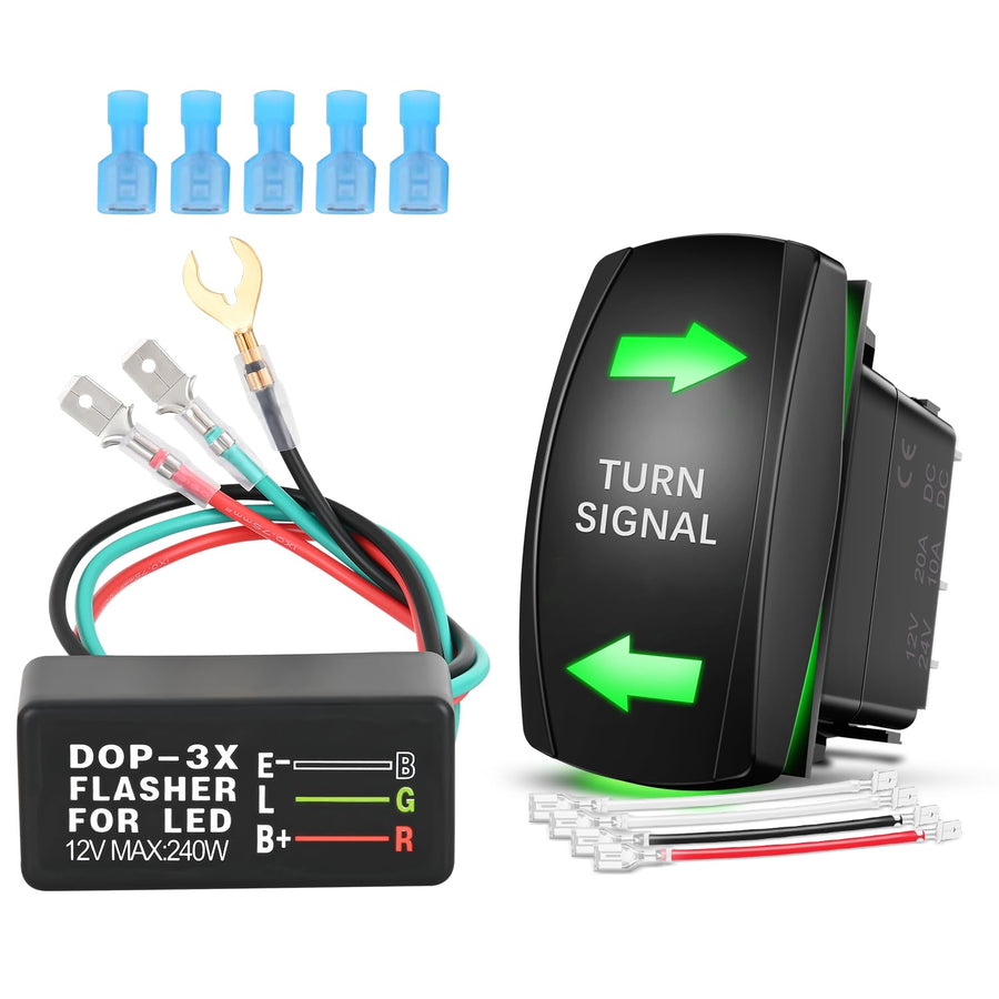 Nilight Turn Signal Switch with Flasher Relay Kit 4PIN ON Off ON Rocker Switches w/Green LED Laser Etched SPDT 12V 20A 24V 10A Jumper Wires for ATV UTV Tractor Motorcycle