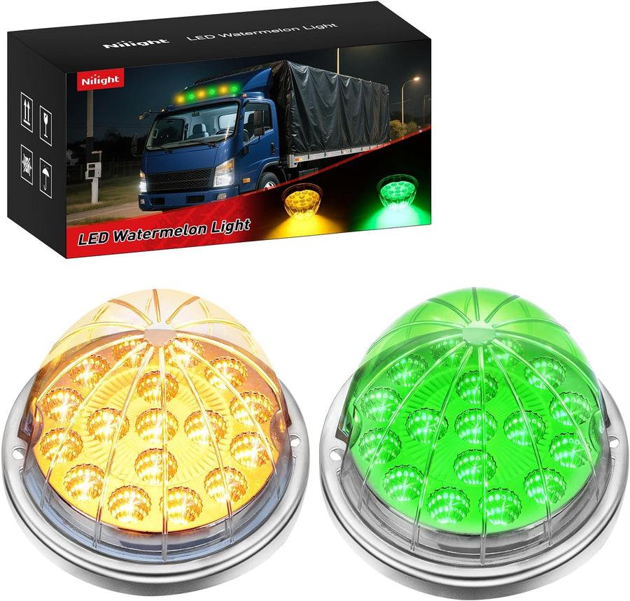 Nilight Watermelon Light 17 LED Dual Color 2PCS Stainless Steel Bezel Amber to Green Side Marker Clearance Turn Signal Lights 4 Plug IP68 Waterproof for Trailer Truck Pickup Camper RV ATV UTV Boat