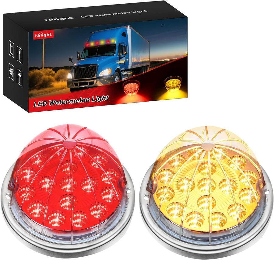 Nilight Watermelon Light 17 LED Dual Color 2PCS Stainless Steel Bezel Red to Amber Side Marker Clearance Turn Signal Lights 4 Plug IP68 Waterproof for Trailer Truck Pickup Camper RV ATV UTV Boat