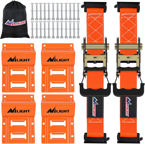 Nilight Wheel Chock Tie Down Kit 4500lb Break Strength 2Pcs E Track Ratchet Straps 4 Pcs Heavy Duty Trailer Tire Straps System for ATV, UTV, Lawn Mower,SXS 10 in-30 in Diameter Tires Orange