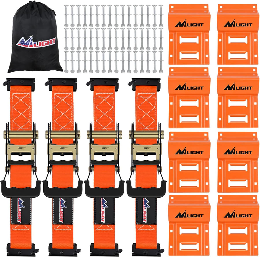Nilight Wheel Chock Tie Down Kit 4500lb Break Strength 4Pcs E-Track Ratchet Straps 8 Pcs Heavy Duty Trailer Tire Straps System for ATV, UTV, Lawn Mower,SXS 10 in-30 in Diameter Tires Orange