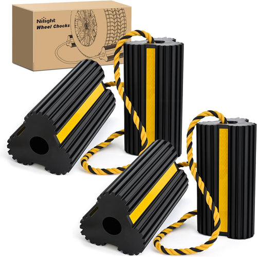 Nilight Wheel Chocks RV Car Heavy Duty Rubber Tire Chock Blocks Stopper Yellow Reflective Strips Stabilizer 4 Pack with Rope for RVs Cars Travel Trailers Campers Trucks Motorcycle Accessories Parking