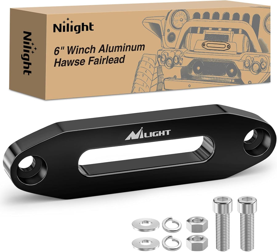 Nilight Winch Fairlead Aluminum Hawse Fairlead 6 Inch (152 mm) Hole Spacing with Mounting Hardware Winch Hawse Fairlead for Synthetic Rope 3500-6500 LBS Trailer Truck Winch Accessory Anodized Black