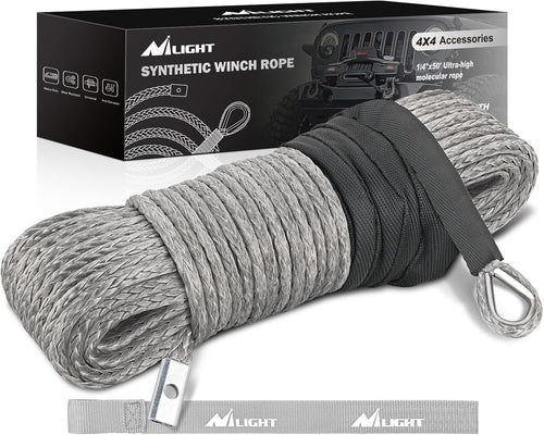 Nilight Winch Rope 1/4 Inch x 50 Feet 9000 LBS Synthetic Winch Line Cable with Black Protective Sleeve for ATV Towing Winches with Synthetic Ropes UTV Truck Boat SUV Vehicle, Grey