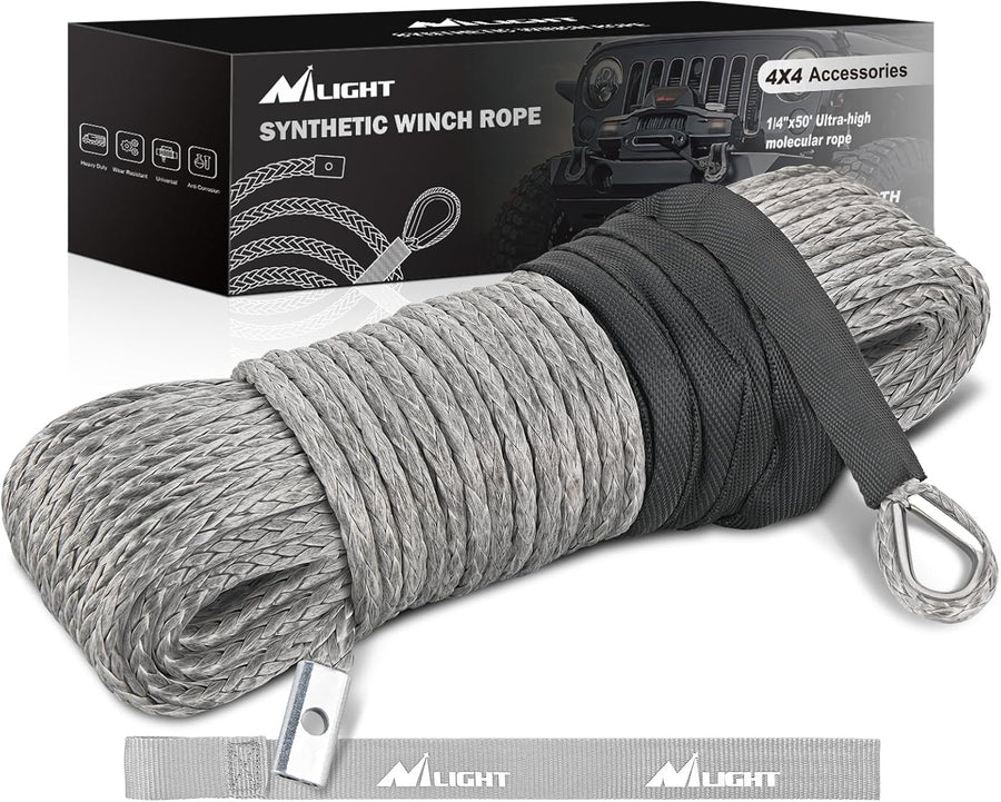 Nilight Winch Rope 1/4 Inch x 50 Feet 9000 LBS Synthetic Winch Line Cable with Black Protective Sleeve for ATV Towing Winches with Synthetic Ropes UTV Truck Boat SUV Vehicle, Grey