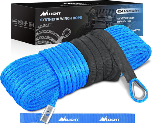 Nilight Winch Rope 1/4 Inch x 50 Feet 9000 LBS Synthetic Winch Line Cable with Black Protective Sleeve Line Cables for ATV UTV Winches with Synthetic Ropes Truck Boat SUV Vehicle, Blue